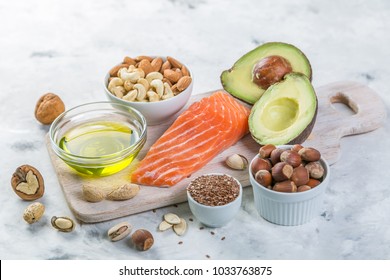 Selection Of Good Fat Sources - Healthy Eating Concept. Ketogenic Diet Concept