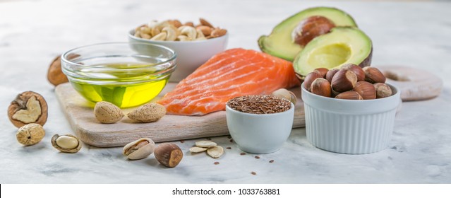 Selection of good fat sources - healthy eating concept. Ketogenic diet concept