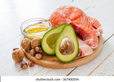 Selection of healthy fat sources, copy space - Shutterstock ID 367400354