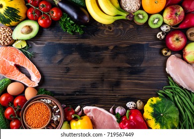 Selection Of Healthy Food. Fresh Organic Vegetables, Fruits, Meat And Fish. Healthy Eating And Healthy Life Concept. Top View, Copy Space