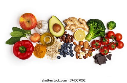 Selection Of Healthy Food On White Background. Healthy Diet Foods For Heart, Cholesterol And Diabetes.