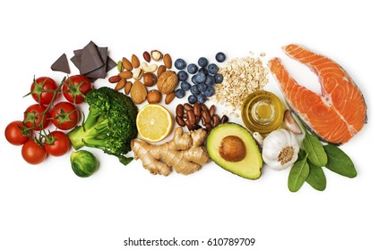 Selection Of Healthy Food On White Background. Healthy Diet Foods For Heart Cholesterol And Diabetes.