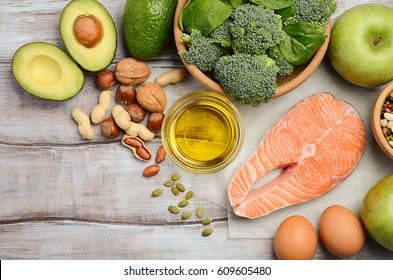 Selection of healthy products. Balanced diet concept. Top view, copy space. - Shutterstock ID 609605480