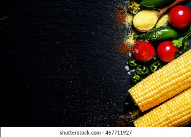 Selection Of Mexican Food, Black Background, Top View