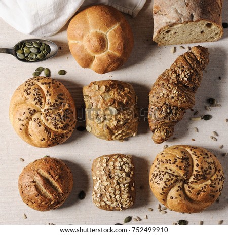 Selection of  Mixed Bread Rolls or Bunson the bright stone Background