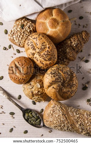 Selection of  Mixed Bread Rolls or Bunson the bright stone Background