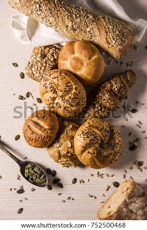 Selection of  Mixed Bread Rolls or Bunson the bright stone Background