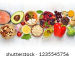 Selection of nutritive food - heart, cholesterol, diabetes. Flat lay, top view, copy space.