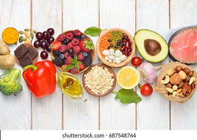 Selection of nutritive food - heart, cholesterol, diabetes, copy space.