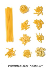 Selection of pasta on white background, Spaghetti, Penne, Tagliatelle, Fussili, Gemelli, Maccheroni, Rigatoni, Farfalle, Gobetti, Tortellini 