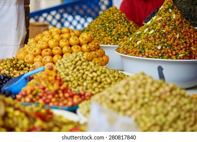 Selection of pickled olives on a traditional Moroccan market (souk) in Essaouira, Morocco