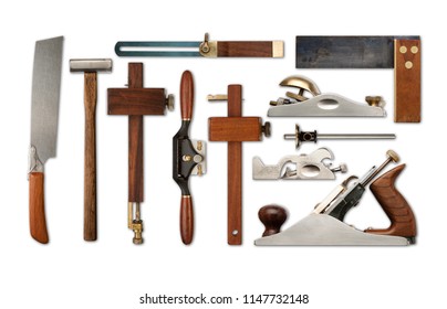 A selection of precision carpentry tools on a white backdrop, with drop shadows