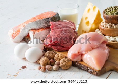 Selection of protein sources in kitchen background, copy space