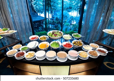 Selection of salads at a buffet bar in a luxury hotel restaurant
