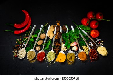 Selection of spices and herbs. Ingredients for cooking.