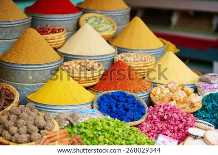 Selection of spices on a traditional Moroccan market (souk) in Marrakech, Morocco