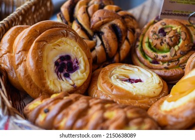 Selection of tasty pastries at a stall at the Borough Market in London, England, U.K.