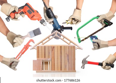 Selection Of Tools In The Shape Of A House, Home Improvement Concept
