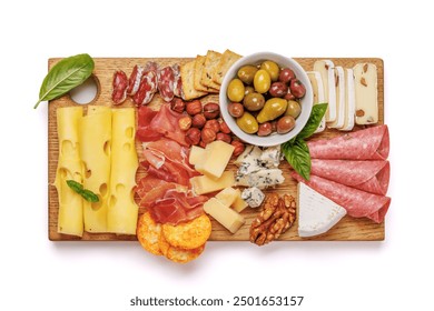 A selection of various cheeses and meats arranged on a wooden board, perfect for an antipasto spread, showcasing a variety of flavors and textures. Isolated on white background - Powered by Shutterstock