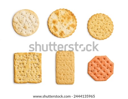 A selection of various crackers neatly placed in a straight line on the white background.