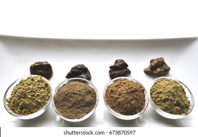 A Selection Of Various Natural Henna (Lawsonia Inermis) Hair Color Dyes Wet Mixture Isolated On White