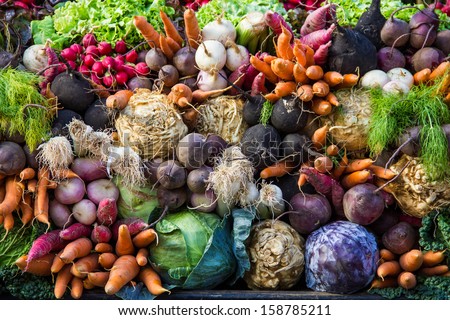 Selection of vegetables from a farmer's market in the small city of Colmar in the Alsace region in France
