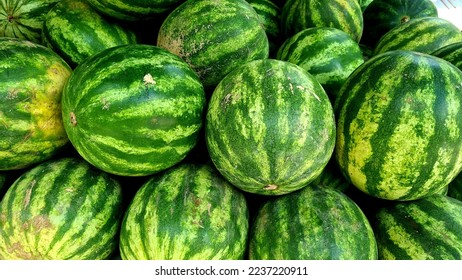 Selection of watermelon (Citrullus lanatus) at a local market in Costa Rica. Beautiful background of tropical fruit.