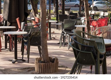 Selective Blur On Empty Terrace And Patio Of A Bar Restaurant Of Belgrade, Serbia, Closed With Shortened Working Hours Due To Coronavirus Covid 19 Lockdown Measures To Prevent The Spread Of Disease.

