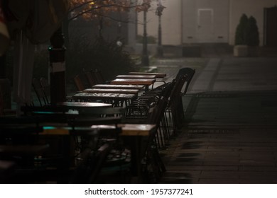 Selective Blur On An Empty Terrace And Patio Of A Bar Restaurant Of Belgrade, Serbia In An Evening Night, Closed Due To The Coronavirus Covid 19 Lockdown Measures To Prevent The Spread Of The Disease.