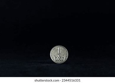 Selective blur on a one czech crown coin with the mention one crown written in czech, isolated on a black background. CZK, or Czech crown, or koruna, is the official currency and money of Czechia.
