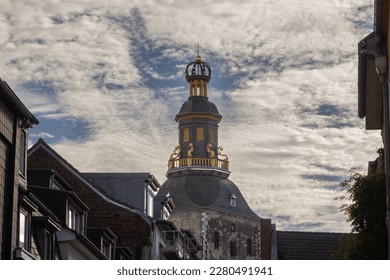 Selective blur on the steeple clocktwoer of the basilica of Saint Ursula in the afternoon. Sankt Ursula kirche is a Catholic church, a romanesque christian church of Cologne, Germany.