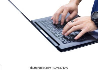 Selective focus - Administrator working in data center configure and check internet network on computer laptop ,Hands typing text on a laptop keyboard ,
isolated on white background ,clipping path