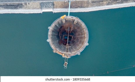 Selective Focus Of Aerial Bird's Eye View Of The Jatiluhur Dam Hydroelectric Chute In West Java, Indonesia. 