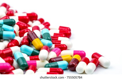 Selective focus of antibiotic capsules pills on blur background. Drug resistance concept. Antibiotics drug use with reasonable.. Pharmacy drugstore background. Pharmaceutical industry. Pharmaceutics. - Shutterstock ID 755505784