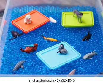 Selective Focus Of Arctic Animals Mini Figures In Blue Hydrogel Water Beads And Colorful Plastic Plates As Ice Floe. Kids Sensory Play Activities And Education Concept.