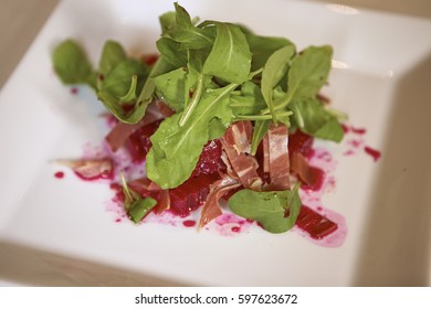 Selective focus of Beetroot salad on white plate