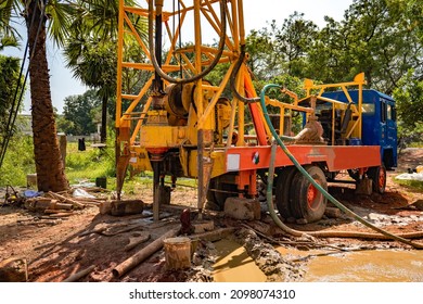 Selective Focus. Bokeh. Water Well Drilling Process. Borewell Borehole Digging