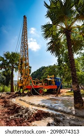 Selective Focus. Bokeh. Water Well Drilling Process. Borewell Borehole Digging