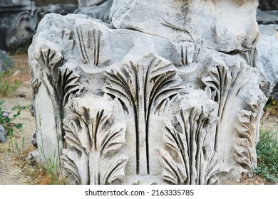 Selective Focus Broken Corinthian Capital In Acropolis Of Pergamon. 