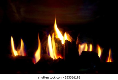 Selective Focus Burning Gas Fireplace For Winter And Christmas  Background.