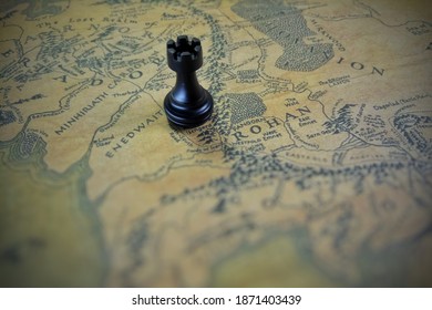 A Selective Focus Of Castle Chess Piece On A Middle Earth Map. Central Java, Indonesia. Dec 10, 2020 