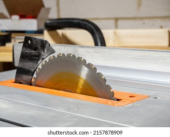 selective focus close up of table saw circular blade with riving knife anti kickback device 