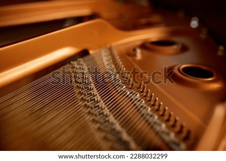 Selective focus closeup view on hammers and strings inside grand piano