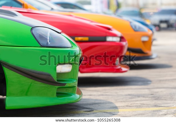 selective focus of Colorful Cars\
Stock in the car park, Lot Cars Row,Cars Marketplace and Dealer\
