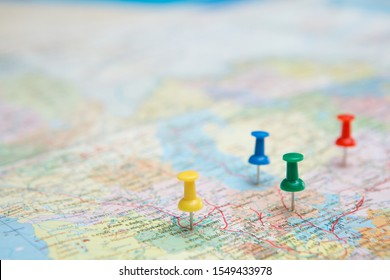 Selective focus of Colorful Many pins on map background