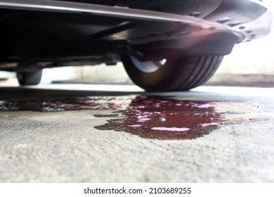 Selective focus of coolant liquid leak out from the engine down on the floor on blurred  Car parked background.