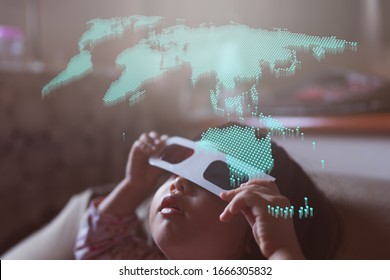 Selective Focus Of Cute Asian Girl Toddler Holding 3D Glasses Up And Try On To See The New Perspective With Curiosity In A House Atmosphere, Concept Learning And Exploring A New Thing, Child Education