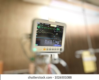 Selective Focus Display Screen Of Vital Signs Monitor In The Hospital, Medical Equipment, Healthcare And Medical Concept. 