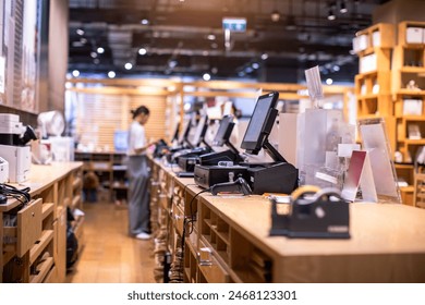 Selective focus to edge of POS machine with blurry cashier staff receive orders from customers at counter service in restaurant or cafe or department store. Post of sale Concept. - Powered by Shutterstock