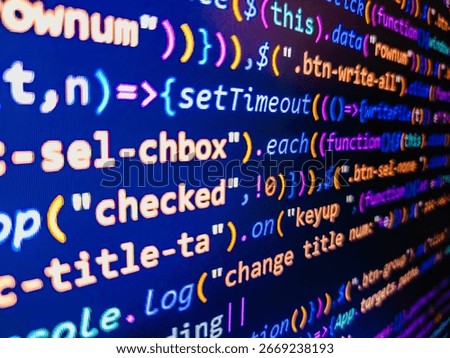 Selective focus effect. Coding cyberspace concept. HTML5 concept macro backdrop in warm colors. Web server data on a monitor. Developer working on web sites codes in office